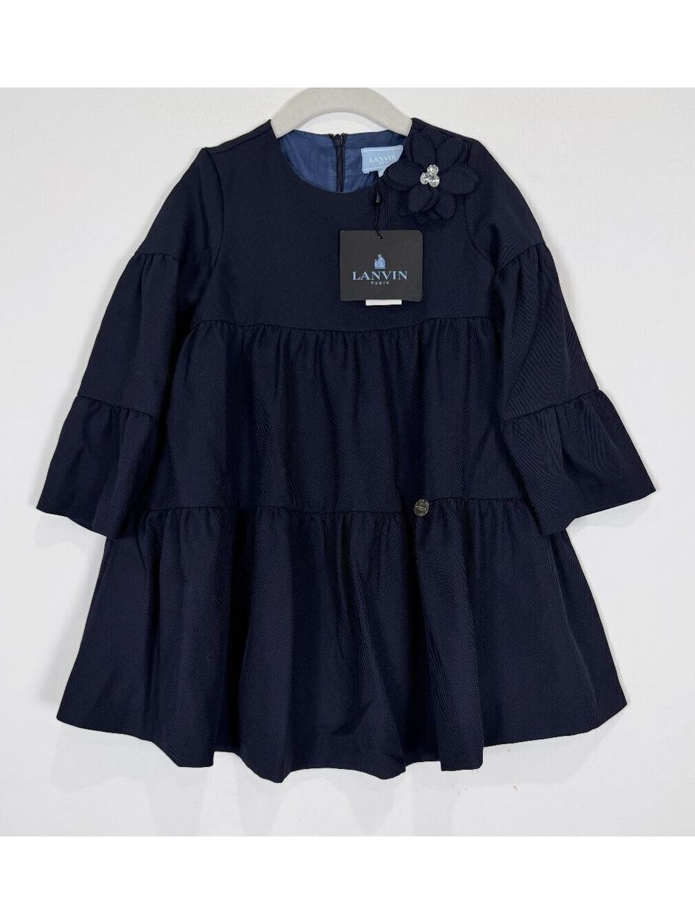 Lanvin Enfant Navy Blue Tiered Ruffle Babydoll Dress Flower Rhinestone NWT 3 3T